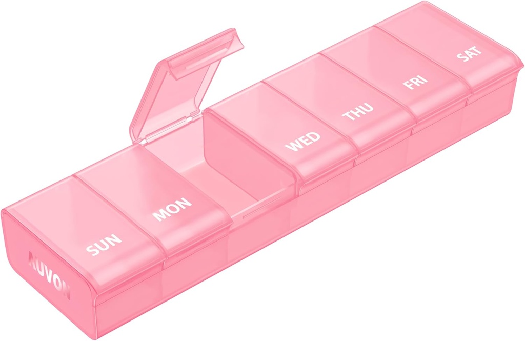 AUVON Pink XL Organizador semanal de píldoras con diseño de apertura sin esfuerzo, caja de píldoras amigables de la artritis, organizador de píldoras libre de BPA 7 días, lindo &amp; caja de píldoras portátiles para vitaminas, suplementos y medicamentos