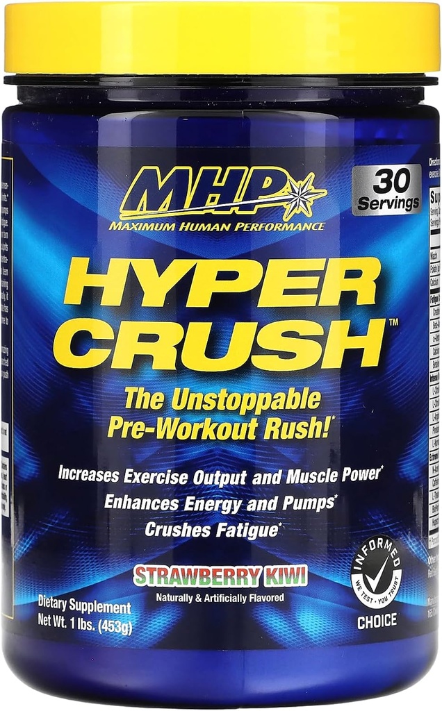 Máximo rendimiento humano Hyper Crush Pre Workout Powder, Aumenta la energía, Bombas musculares, Poder, Lucha Fatiga, creatina, beta Alanine, Nitric Oxide, citrulline, AKG, Strawberry Kiwi, 30 Servimientos