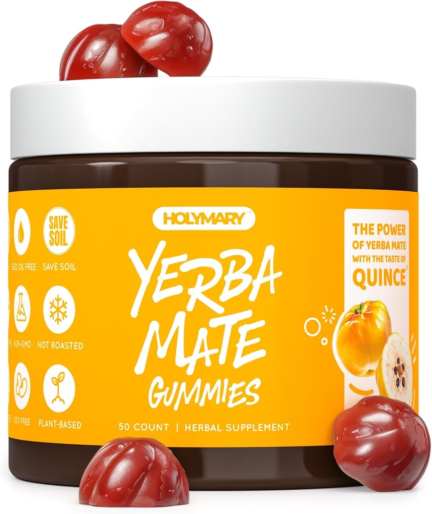 HOLYMARY Yerba Mate Gummies, Quince - Hecho con Yerba Mate Orgánica, Noroasada. Libre de la cafeína. Vegan, Non-GMO, Gluten-Free, Kosher. 50 Delicious Supplement Gummies