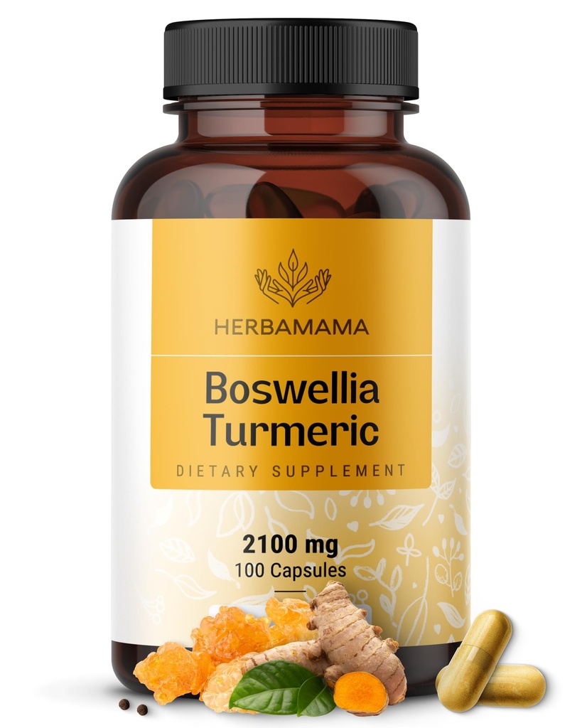 HERBAMAMA Turmeric and Boswellia Extract Capsules - 2100mg Boswellia Serrata & Turmeric Complex with Black Pepper Extract - Vegan, Non-GMO, 95% Curcuminoids Antioxidant Supplement, 100 Caps