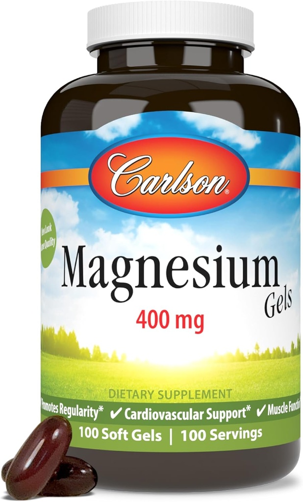 Carlson - Magnesium Gels, 400 mg de Magnesium per Softgel, Heart &amp; Muscle Support, Magnesium Gel Caps, Bowel Function, Magnesium Supplement, 100 Softgels