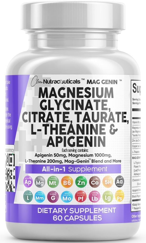 Clean Nutraceuticals Magnesium Glycinate Complex 1000mg with L-Theanine 200mg Apigenin 50mg Citrate Taurate Supplement - 5-HTP GABA Passion Flower Lemon Balm L-Glycine Phosphatidylserine - 60 Count