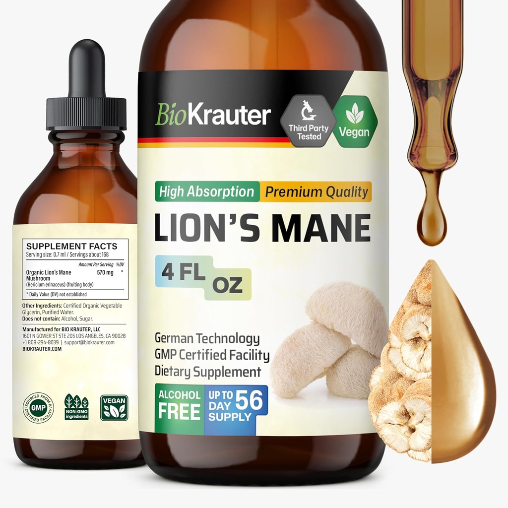 BIO KRAUTER Lions Mane Liquid Extract - Mushroom Supplement for Brain Support - Vegan Lions Mane Supplement - Alcohol &amp; Sugar Free Drops - 4 Fl.Oz.