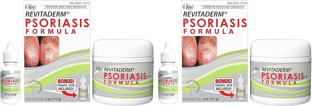 Fórmula de la Psoriasis REVITADERM del Dr. Blaine - Crema tópica con Tar de carbón, aceite de árbol de té y aceite de lavanda para picar, hornear, seco, alivio de la piel agrietada - 4 fl. oz. - Incluye botella de tamaño de viaje (2-Pack)