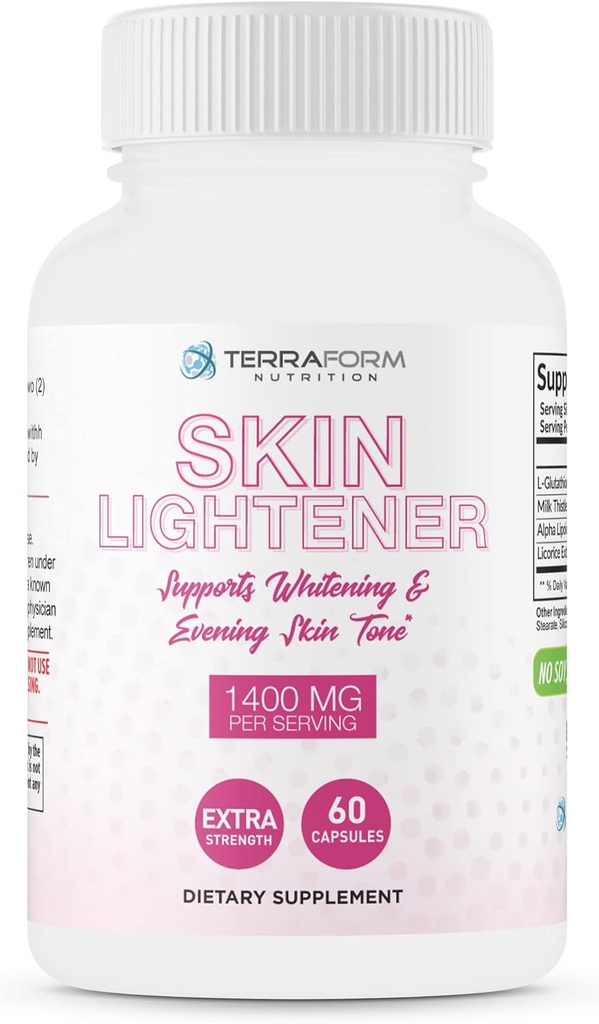 TerraForm Nutrition Skin Lightening Suplemento, Glutathione 1000mg por Serving, Clears and Evens Skin Tones, Helps Clear Up Dark Spots and Acne Scars - 30 Servings
