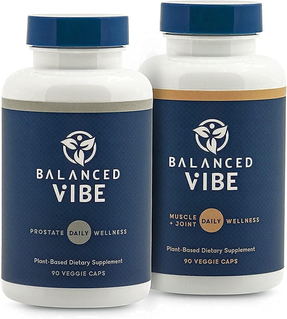 Equilibrado Vibe Hombres Bundle - Prostata y Muscle+Suplemento Herbal Conjunto - Apoyo Natural para el Bienestar Conjunto, Movilidad, Promueve el sueño, ayuda a reducir la frecuencia de la orina " Urgencia - 90 Caps Ea