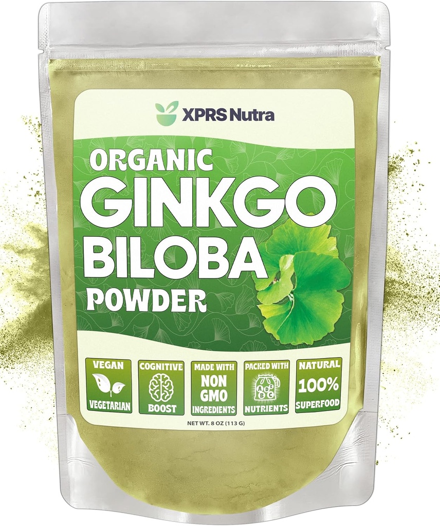 XPRS Nutra Organic Ginkgo Biloba Powder - Gingko Biloba Suplementos para la Cognición - Vegan Friendly Ginkoba Biloba Orgánico - Inmunity Boosting Ginkgo Biloba Powder (8 oz)