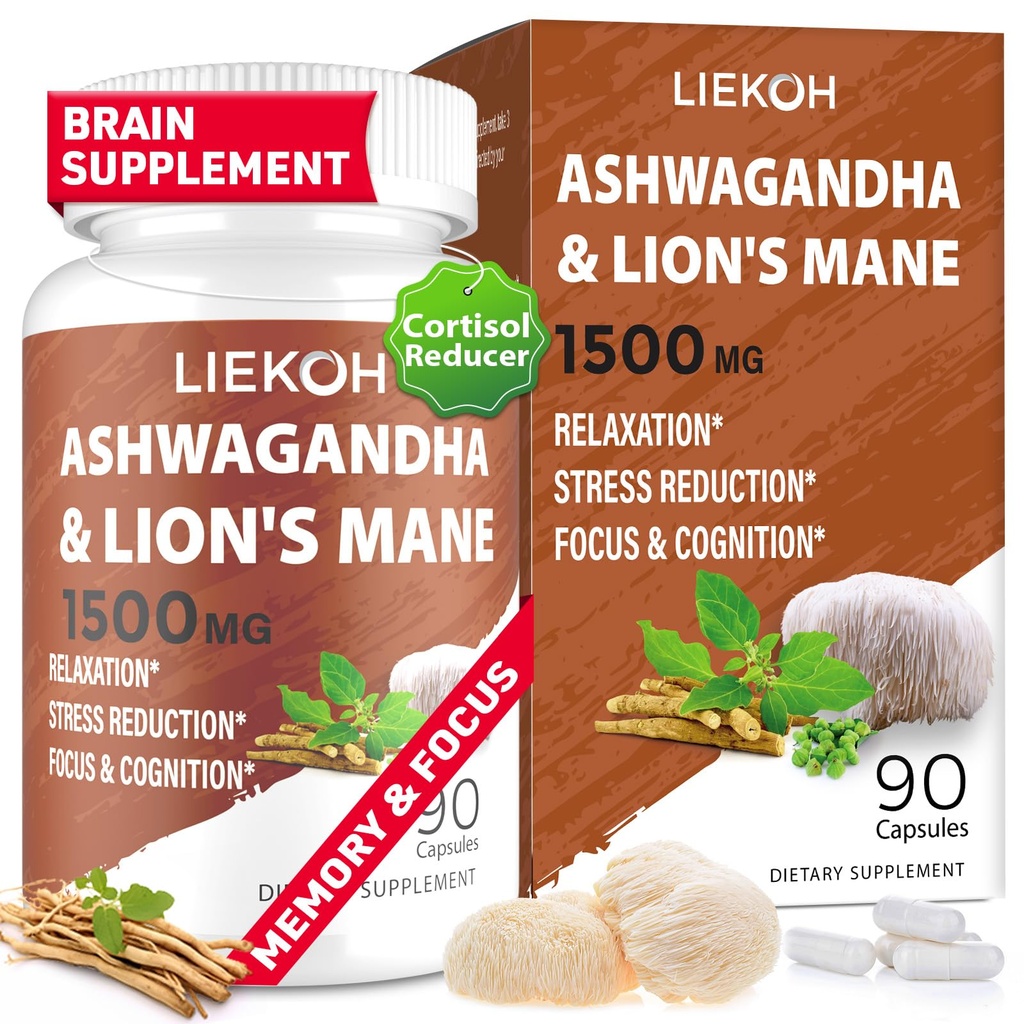 Ashwagandha &amp; Lions Mane Supplement Capsules, Brain Supplements for Memory and Focus, Ashwagandha Supplement with Rhodiola & Black Peppe, Cortisol Supplements for Women &amp; Men,90 Caps