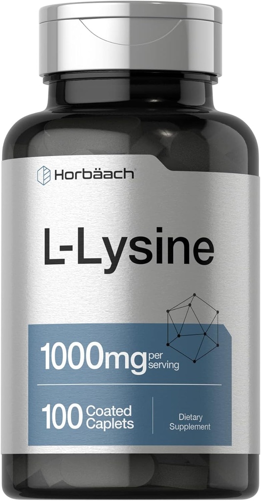 Horbäach L-Lysine 1000mg ← 100 Coated Caplets ← Forma gratuita Suplemento dietético ← Aminoácidos esenciales Silencioso Vegetariano, No GMO y Fórmula Libre Gluten