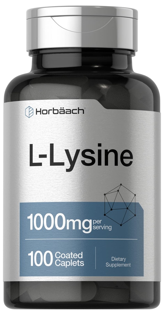 Horbäach L-Lysine 1000mg ← 100 Coated Caplets ← Forma gratuita Suplemento dietético ← Aminoácidos esenciales Silencioso Vegetariano, No GMO y Fórmula Libre Gluten