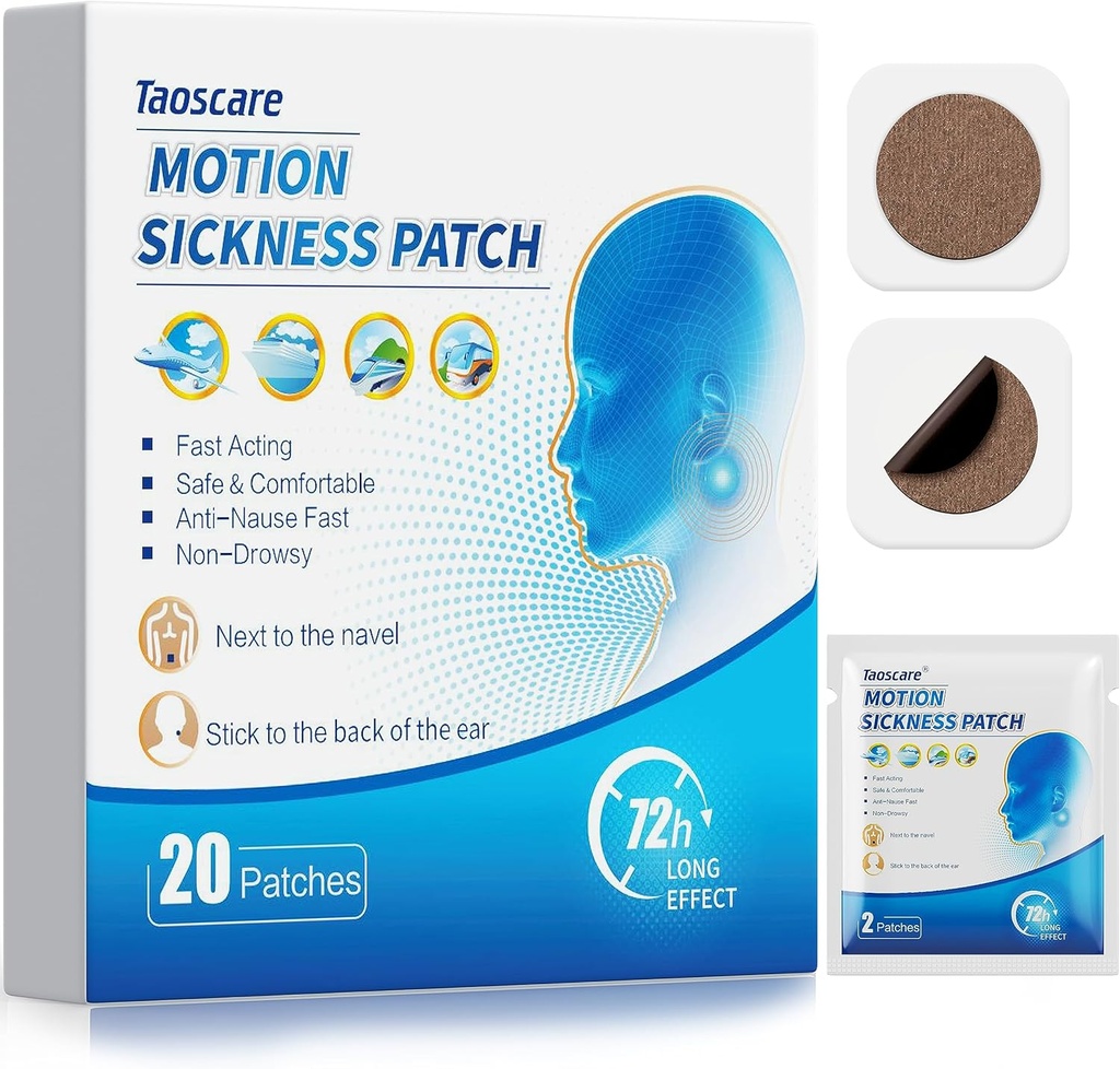 Motion Patches de Enfermedad, Sea Sickness Patch para Niños y Adultos con Packets, Travel Essentials for Cruise/Car/Airplane/Amusement Park Trip (20 Patches)