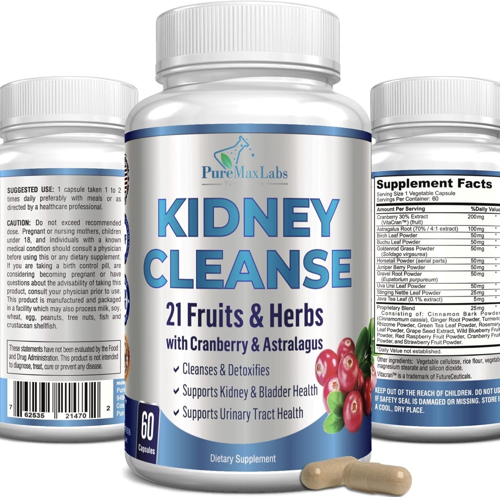 Herbal Kidney Cleanse with Cranberry Extract, Astralagus - 21 Fruits & Herbs - Detox &amp; Cleanse Urinary Tract &amp; Bladder Health, Kidney Support, 60 Vegan Capsules