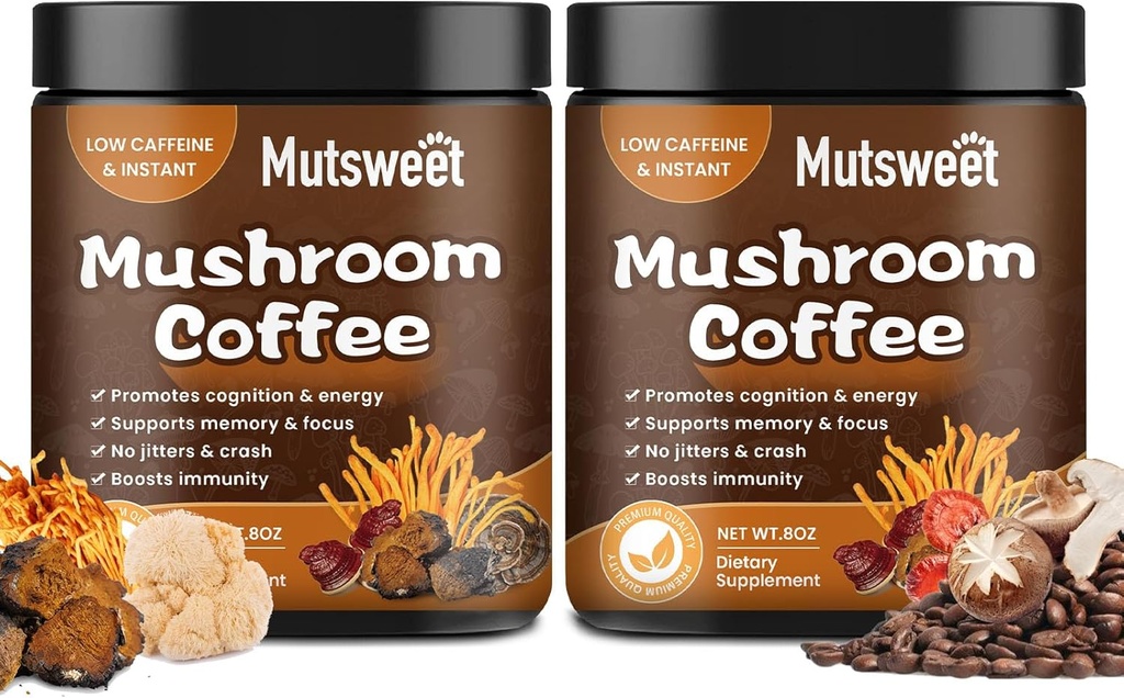 (2 Pack) Café de hongos para Smoothies/Latte, Mushroom Powder Blend (57 Servings) con Lions Mane, Reishi, Cordyceps, Turquía Tail, Chaga - Mushroom Suplemento para la energía, Focus, Immune- 8 oz