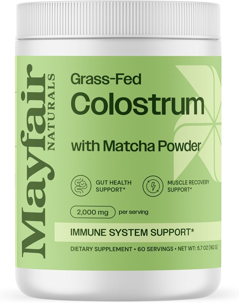 Grass-Fed Bovine Colostrum Supplement with Matcha Green Tea Powder, for Kids &amp; Adults, Immune System Support, Gut Health and Muscle Recovery, 60 Servings