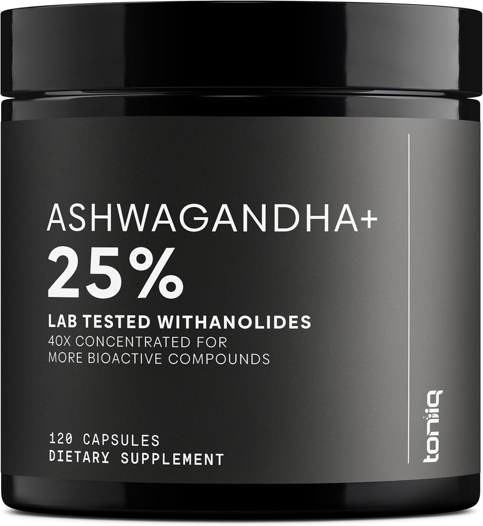 Toniiq Ashwagandha – 40:1 Extracto Concentrado – 25% Conanolidos – Salvaje cosechado en India – Altamente biodisponible con Pepper Negro – Testado de Terceros – 120 cápsulas - 1.300 mg por Serving