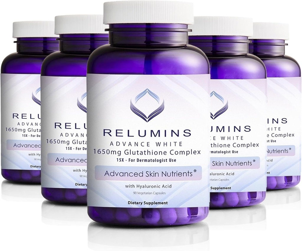 Reluminas 1650mg L-Glutathione Complejo con Ácido Hialurónico, Ácido Lipoico alfa, Rosa HIPS, Vitamina E & Riboflavin, Apoyo Antioxidante, Hidratación de la piel &amp; Wellness, Made in USA – 90 cápsulas x 5 botellas