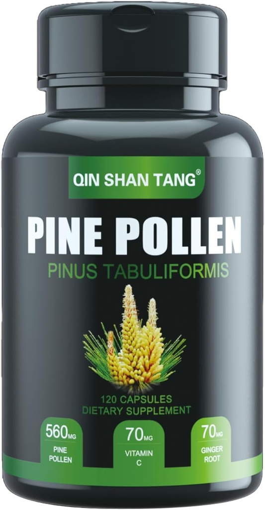 Pine Pollen Suplemento wtih Ginger Root y Vitamina C, 99% Cracked Cell Wall,120 Veggie Capsules,Focus ventajaImmune Mejorar para Mujeres y Hombres