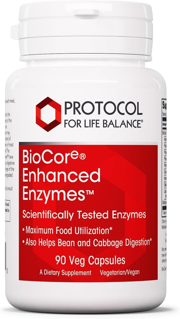 Protocolo BioCore Enhanced Enzymes - Ayuda a Digest Beans & Cruciferous Vegetables* - Suplemento de Digestión* - Amylase & Lipase - Kosher & Vegan - 90 Veg Capsules