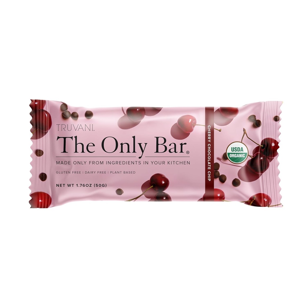Truvani Plant Based Snack Bares ← Cherry Chocolate Chip 1 Pack TENIDO 5g Protein TEN USDA Orgánica y Vegan TENIDO El Único Bar ANTERIENTE Dairy, Soy y Gluten Gratis TENIDO