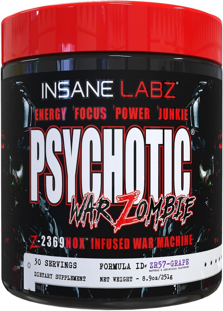 Insane Labz Psicotic War Zombie High Stimulant Pre Workout Powder, Extreme Lasting Energy, Focus and Pump with Beta Alanine, L-Arginine, 30 Servings (Grape)