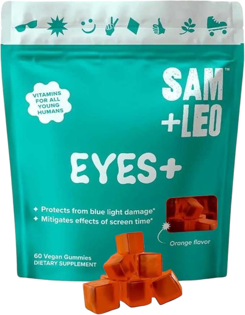 SAM+LEO EYES+ Vitaminas Gummy para niños - Todas las vitaminas naturales, vegano para niños y adolescentes - Vitamina A, Zinc, Luteína y Zeaxathin Gummies - Orange Flavor - 60/ct