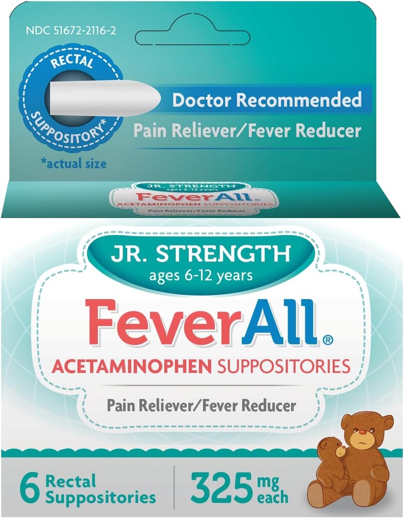 Feverall Children Acetaminophen Suppositories 6 Rectal Suppositories 325mg Cada Doin Reliever/Fever Reducer. Paraben Free, No Artificial Colors u otros conservantes. Edades 6-12 años