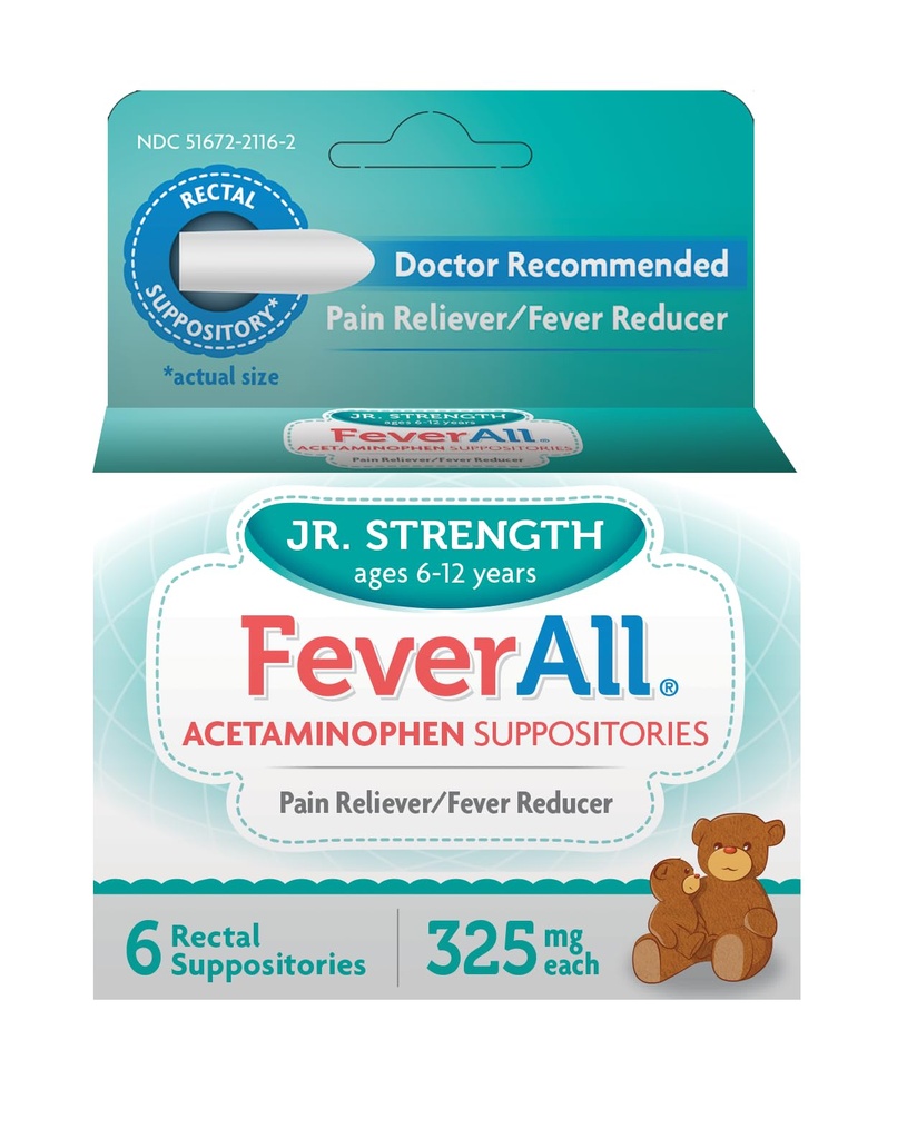 Feverall Children Acetaminophen Suppositories 6 Rectal Suppositories 325mg Cada Doin Reliever/Fever Reducer. Paraben Free, No Artificial Colors u otros conservantes. Edades 6-12 años
