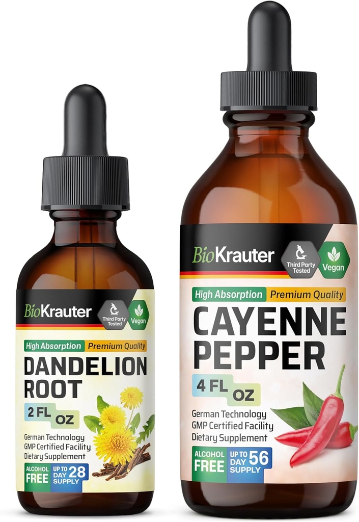 BIO KRAUTER Cayenne Pepper Tintura 4 Fl. Oz. " Dandelion Tincture 2 Fl. Oz.