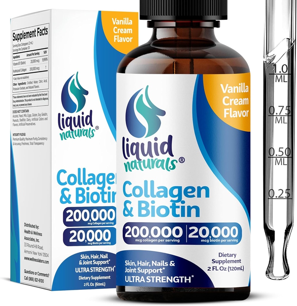 Collagen líquido y biotina, 2 Fl. Oz, suplementos de colágeno ultra-rength para mujeres, biotina testada de terceros para el crecimiento del cabello Mujeres, uñas y vitaminas de la piel B7 Collageno Peptides – Vanilla Flavor