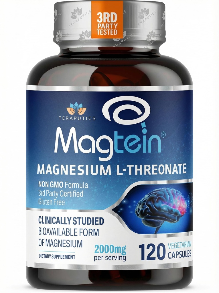 Magnesium L Threonate, MagteinTM, Brain Supplement for Memory, Focus, Sleep and Cognitive Support, High Absorption Magnesium L-Threonate, Non-GMO, No Laxative Effect – 2000 mg, 100 Vegan Capsules