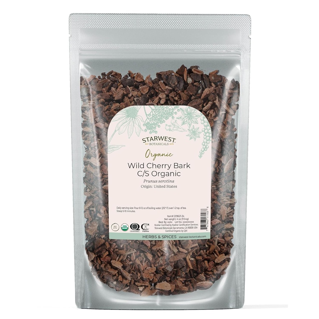 Starwest Botanicals Wild Cherry Bark Organic - Dried Loose Leaf Herb for Tea, Syrup, " Natural Herbal Blends, Prunus Serotina, Cut " Sifted, Certified Kosher, Non-GMO - 4 oz Pouch