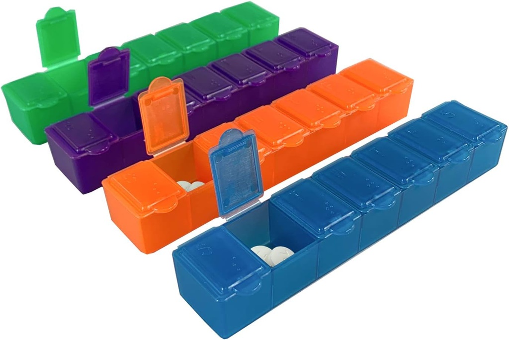 USA Merchant - 7 Day Pill Box Small with Snap Close Lids - Weekly Pill Organizer 4 Times a Day or 28 Day Dispenser - Viene con 4 Contenedores Separados de 7 Días para Vitaminas, Suplementos y Medicina