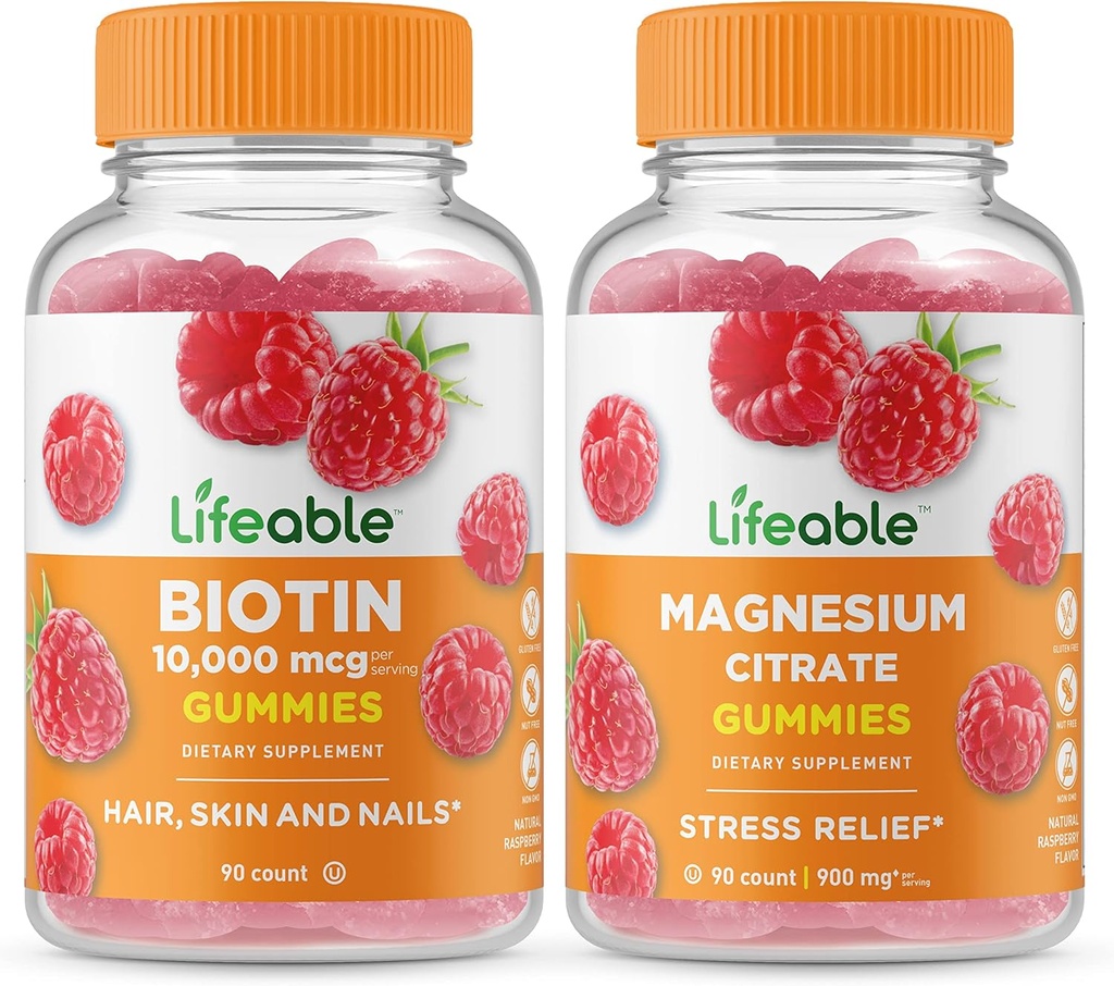 Biotina Lifeable + Magnesio, Gummies Bundle - Gran Tasting, Suplemento de vitaminas, Gluten Free, GMO Free, Chewable