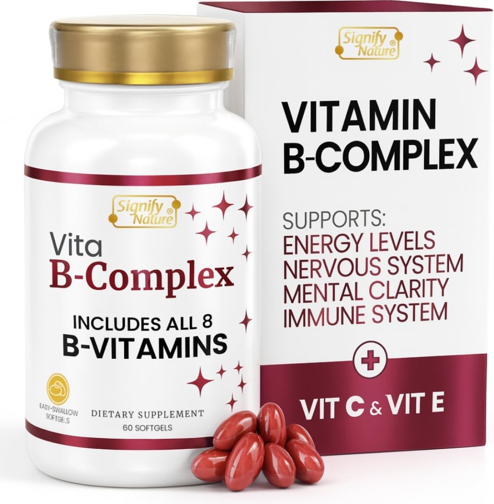 SIGNIFIA NATURE VitaBComplejo con vitamina C y E, B Complejo Vitaminas para Hombres, Suplementos BComplex, VIT B1, B2, B3, B6, B8, B9, B12, Super B Softgels - 60 CT