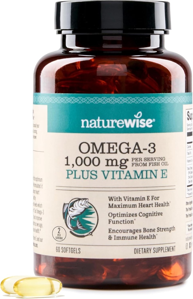 NatureWise Extra-Strength Omega 3 Fish Oil Suplemento - 1000mg por Serving - 600 EPA &amp; 400 DHA y Vitamina E - Apoyo para la salud del corazón y del cerebro - Lemon Flavor, GMO-Free - 60 Softgels[1-Month Supply]