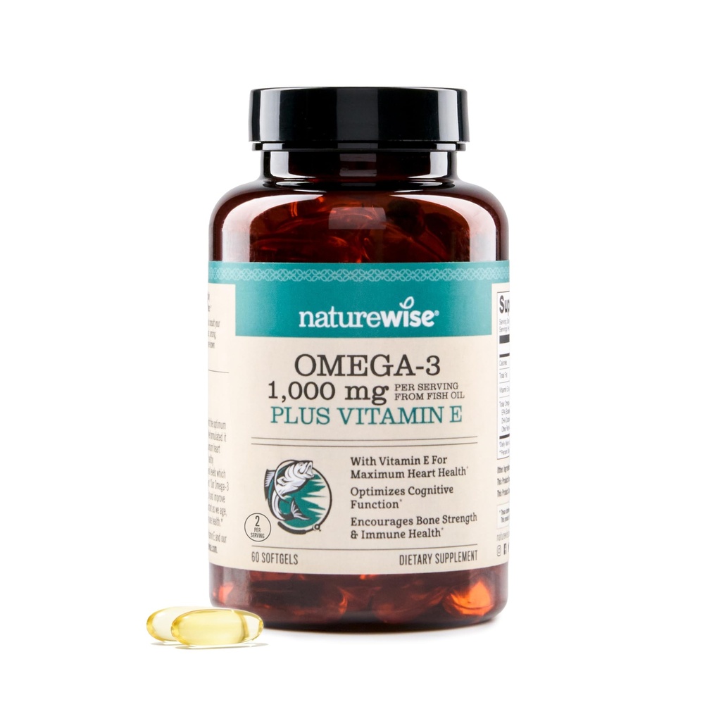 NatureWise Extra-Strength Omega 3 Fish Oil Supplement - 1000mg per Serving - 600 EPA & 400 DHA and Vitamin E - Support for Heart & Brain Health - Lemon Flavor, GMO-Free - 60 Softgels[1-Month Supply]
