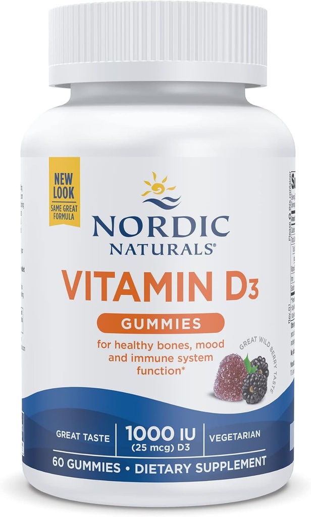 Naturales nórdicos Vitamina D3 Gummies, Berry silvestre - 60 Gummies - 1000 UI Vitamina D3 - Gran sabor - Huesos saludables, Mood &amp; Immune System Función - No GMO - 60 Servimientos