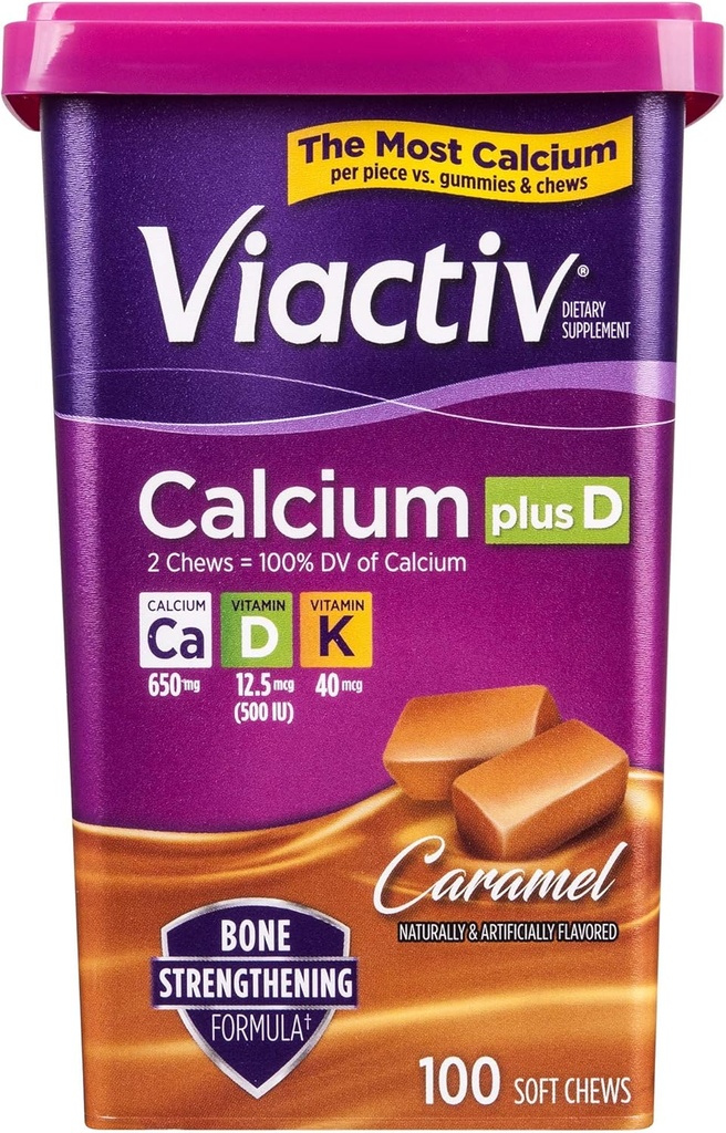 Calcio Viactiv Plus Vitamina D Suplemento Mandíbulas suaves, Caramel, 100 Cuenta
