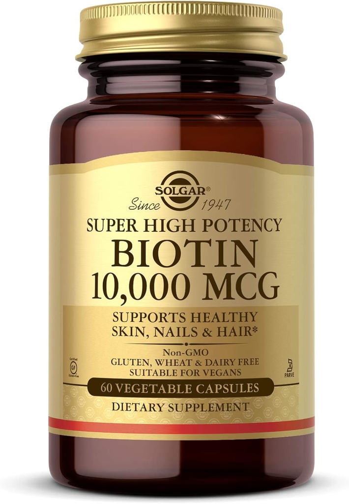 Solgar Biotina 10.000 mcg, 60 cápsulas vegetales - Energía, Metabolismo, promueve la piel sana, uñas " pelo - super alta potencia - no GMO, Vegan, Gluten Free, Dairy Free, Kosher - 60 piezas