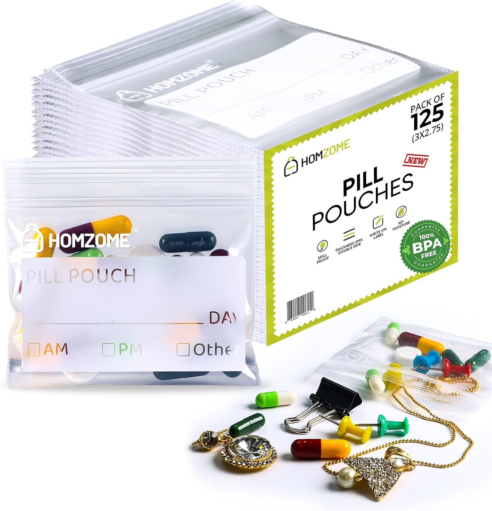 Pill Bags 6 mil -Pack of 125- BPA Gratis 3x2.75 pulgadas Reutilizable Pill Pouches for Medicine with Write on Label Clear Small ziplock Bags for Pills, Jewelry and Travel Pill Organizer (Pack of 125)