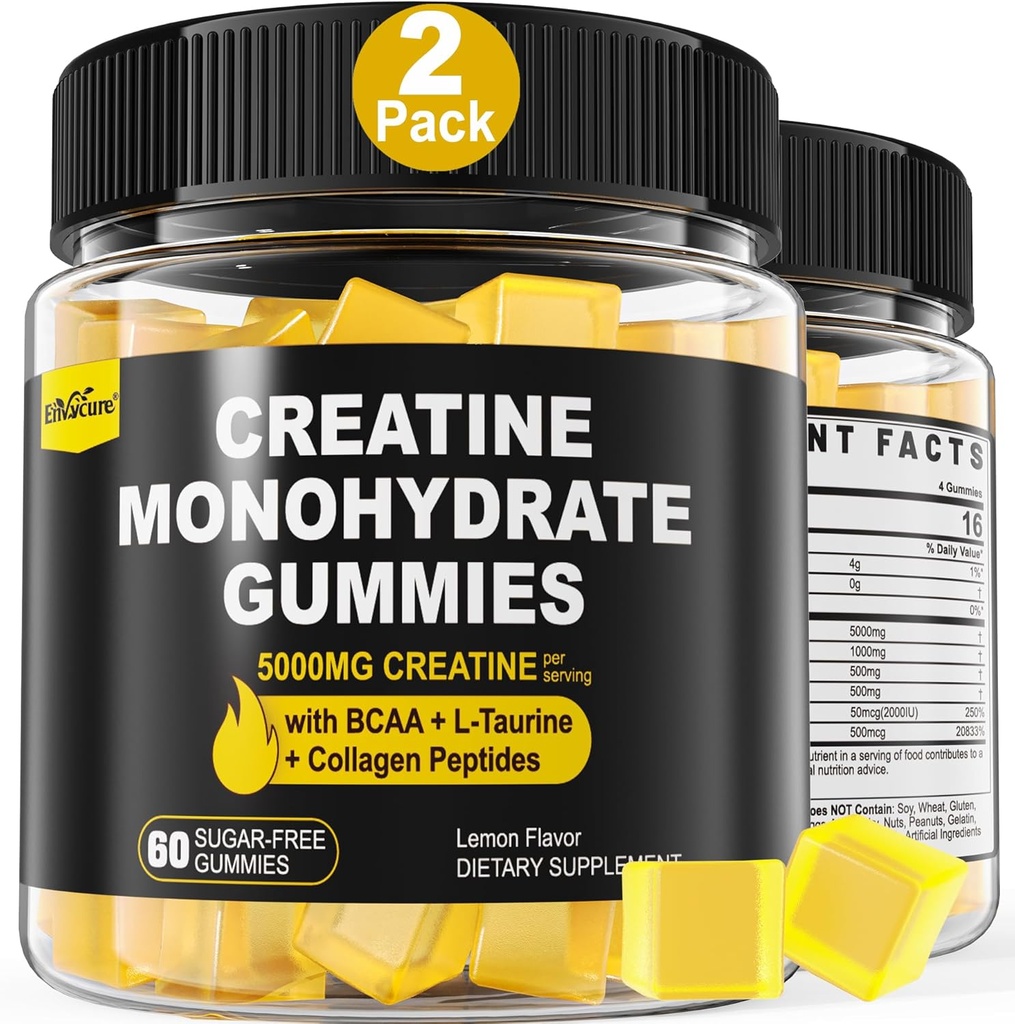 Gummies de Monohidrato de Creatina para Mujeres Hombres - con BCAA, Peptides de Collagen, L-Taurina, Vitamina B12, D3, Chewables Creatina Monohydrate 5g Por Serving, Sabor de limón natural, Sugar Gratis, 2 Pack