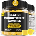 Gummies de Monohidrato de Creatina para Mujeres Hombres - con BCAA, Peptides de Collagen, L-Taurina, Vitamina B12, D3, Chewables Creatina Monohydrate 5g Por Serving, Sabor de limón natural, Sugar Gratis, 2 Pack