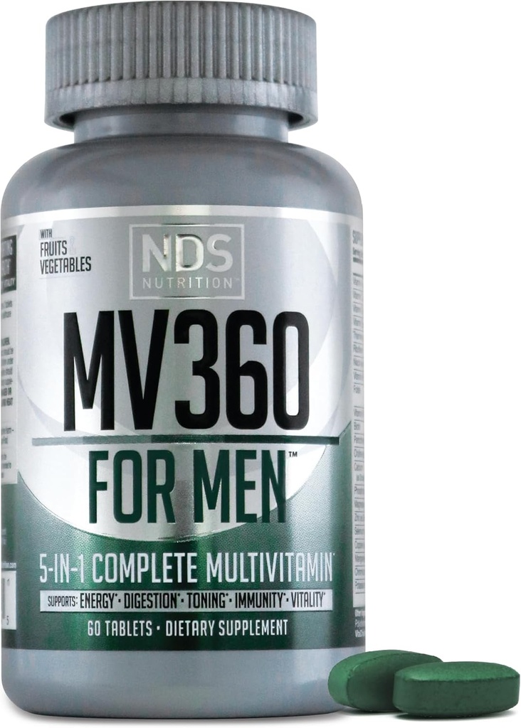 NDS Nutrition MV360 Para Hombres, 5-en-1 Multivitamínico Completo para Hombres con Mens Esenciales Vitaminas para Energía, Digestión, Toning, Soporte Inmunitario, y Mens Health & Vitality, 60 Tablets, 30 Servings