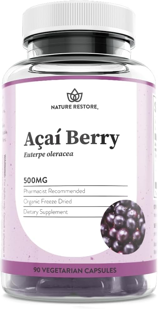 Nature Restore Organic Acai Berry Suplemento, Freeze Dried, 90 Acai Berry Capsules, Non GMO, Gluten Free, Vegan