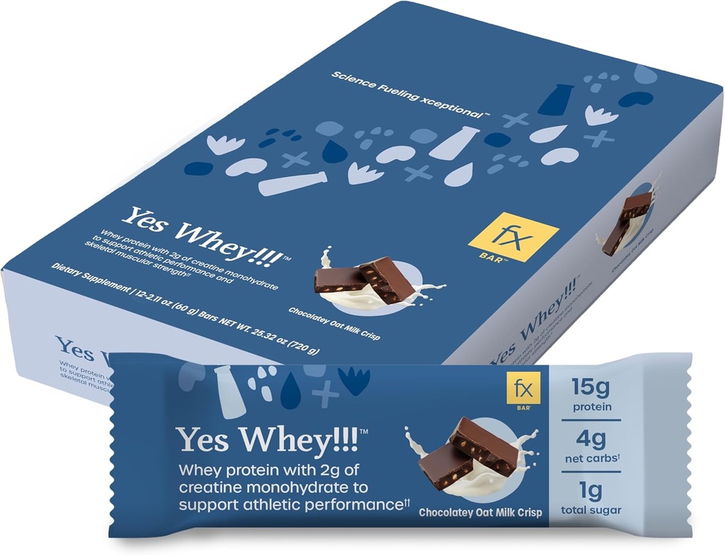 Fx Sí Whey Bar - 15g Whey Protein Bar con Creatina para soportar músculos, Energía &amp; Peak Performance - 1g Azúcar + 4g Net Carbs - Soy-Free Chocolate Oat Milk Crisp Flavor Protein Snack (12 Bares)