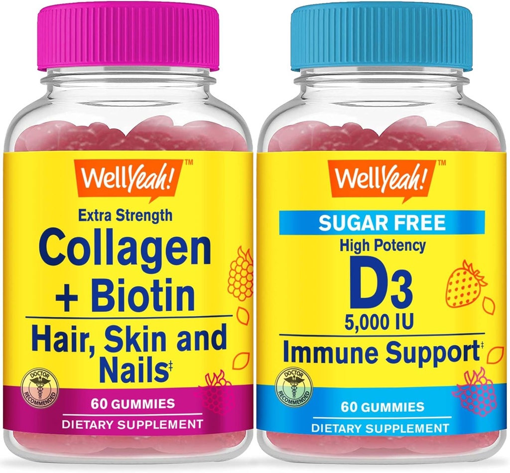 WellSí Collagen+Biotin + Vitamina D3 5,000 IU Sugar Gratis, Gummies Bundle - Gran Tasting, Suplemento de vitamina, Gluten Gratis, GMO Gratis, Chewable Gummy