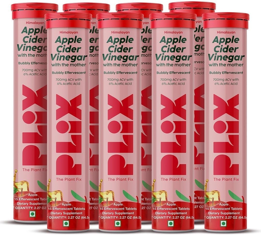 PLIX - EL PLANT FIX Apple Sider Vinegar Effervescent Tablets with The Mother, 700mg ACV with VIT B12, B6, Pack of 8 latitudVegan, No Añadido Sugar, Non-GMO &amp; Gluten-Free