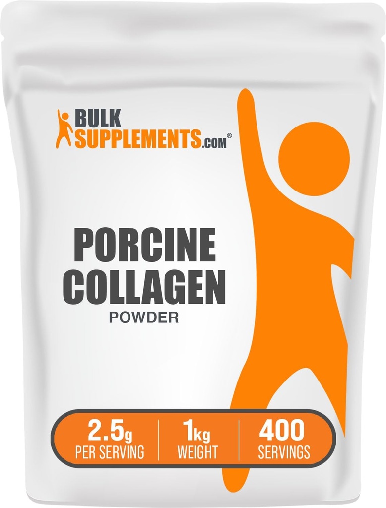 BulkSupplements.com Porcine Collagen Powder - Hydrolyzed Collagen Supplement, for Hair, Skin, " Nails - Unflavored " Gluten Free, 2.5g per Serving, 1kg (2.2 lbs) (Pack of 1)