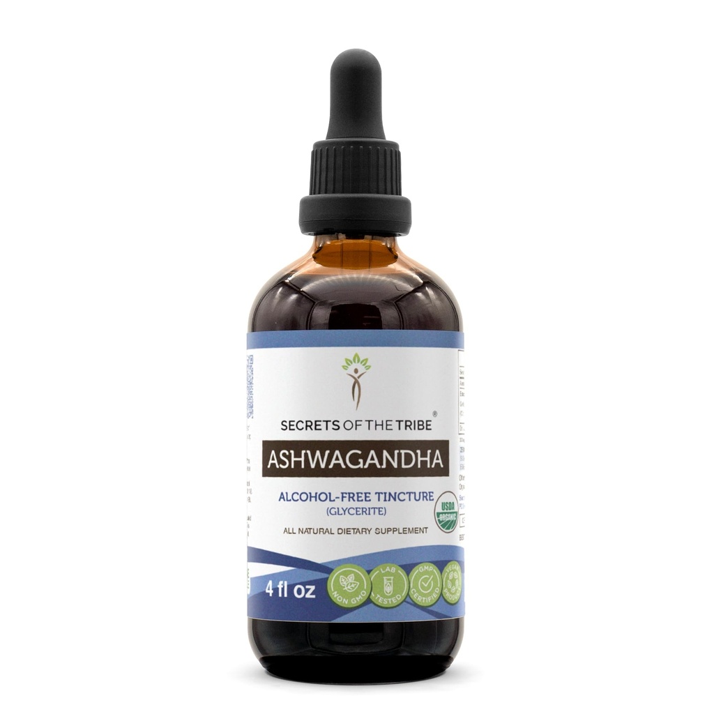 Ashwagandha USDA Orgánica Tintura Extracto sin alcohol, Ashwagandha Withania Somnifera Anti-Estrés y Relajación 4 OZ