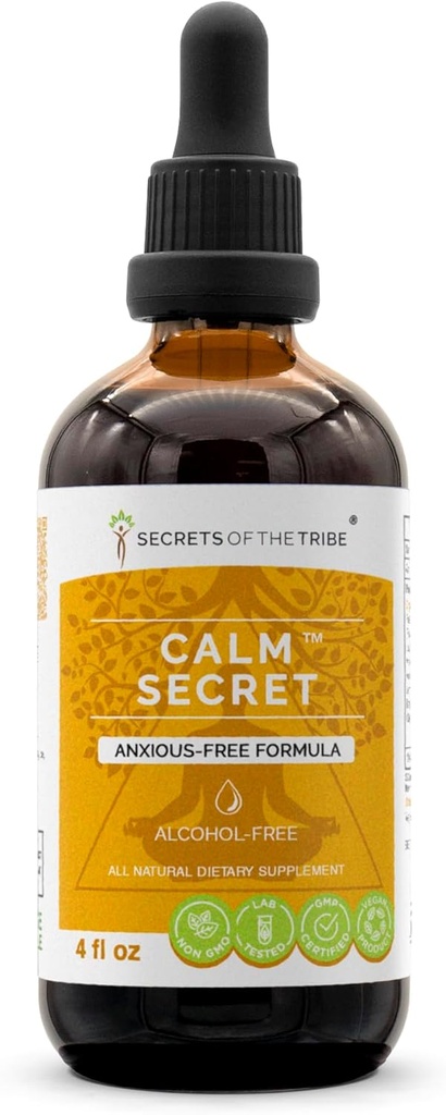 Secretos de la tribu - Secreto de calma, Suplemento de hierbas Suplemento líquido libre de alcohol Extracto, Fórmula libre de ansiedad (4 fl oz)